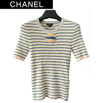 CHANEL-03196 샤넬 아이보리 니트 코튼 스트라이프 티셔츠 여성용