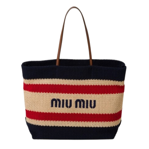 MIUMIU-5BG228 미우미우 네추럴/네이비 라피아 효과 우븐 토트 백