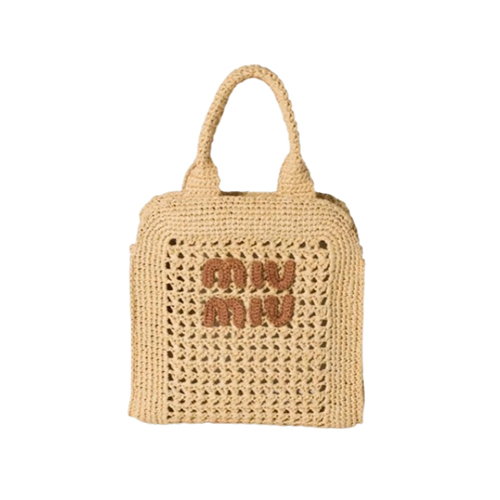 MIUMIU-5BA283 미우미우 베이지 라피아 효과 우븐 토트 백