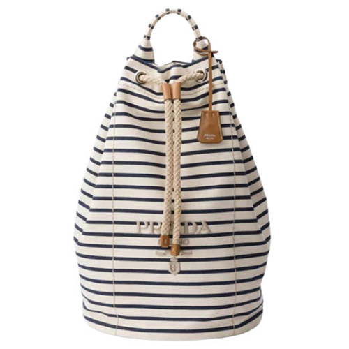 PRADA-2VY011 프라다 화이트/블루 스트라이프 캔버스 드로스트링 더플백